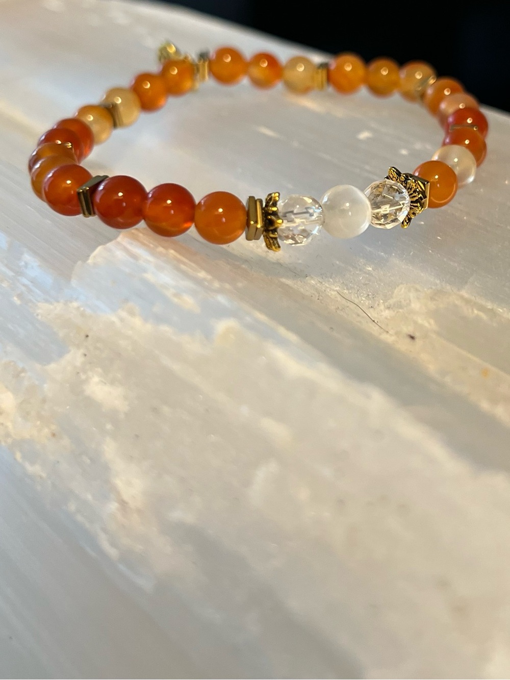 Gold Accent Carnelian Bead Bracelet - Orange
